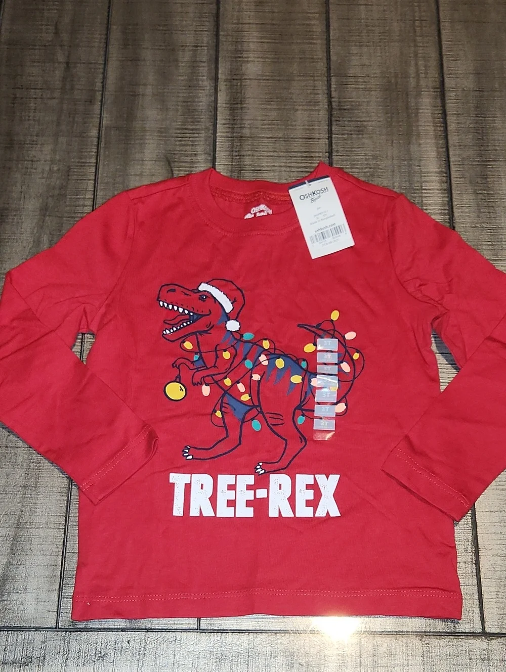 NWT OshKosh B'gosh Red 'Tree-Rex' Holiday Dinosaur Long-Sleeve Tee